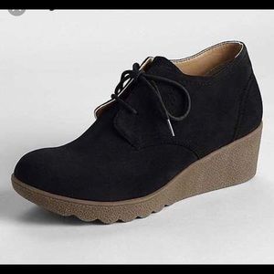 Lands’ End Black Suede Ankle Wedge Boots